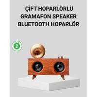 Retro Gramafon Bluetooth Hoparlör Çift Stereo Sesli Fm Radyo Destekli