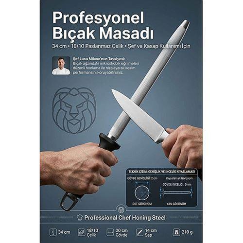 2 Cm Geniş Yüzeyli Şef Bıçak Bileme Masadı 34 cm 18/10 Paslanmaz Çelik Profesyonel Kasap Masadı Saplı Bileyici 723680
