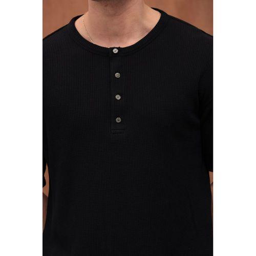 Roth Relaxed Fit Günlük Henley Yaka Waffle Kumaş Yazlık Kısa Kollu T-Shirt - Siyah