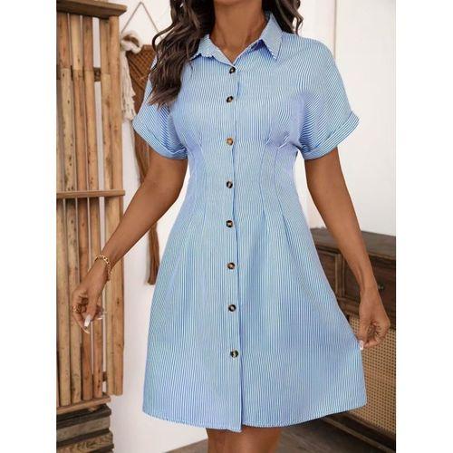 Kadın Kısa Kollu Yakalı önden Düğmeli Kısa Trikoton Elbise