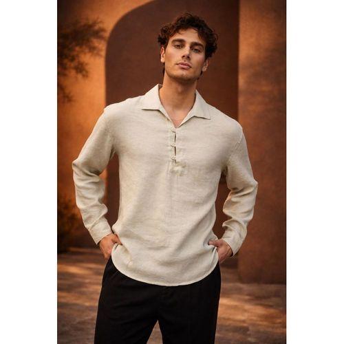 Baldwin Apaş Yaka Britli 3 Düğmeli İnce Modal Kumaş Oversize Uzun Kollu Yazlık Erkek Gömlek - Bej