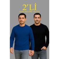 Erkek Fitilli Triko Kazak 2’li Set Siyah Saks Mavisi Kalın Dokuma Pamuklu Regular Fit