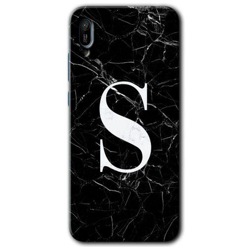MRCİLETİSİM Huawei Y6 2019 Kılıf Kapak - Siyah Mermer Desenli S Harfi +Hayalet Ekran Yandan Gözükmez