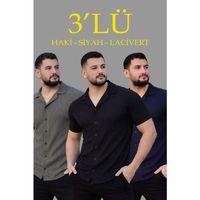 Erkek Waffle Dokuma Açık Yakalı Düğmeli Regular Kalıp 3’lü Gömlek Seti - Siyah, Haki, Lacivert