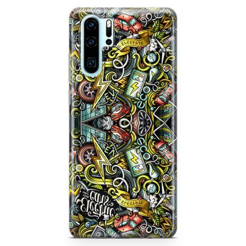 Huawei P30 Pro Kılıf Elektrikli Araba Doodle Arka Kapak Koruma Desenli Full Koruyucu