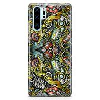 Huawei P30 Pro Kılıf Elektrikli Araba Doodle Arka Kapak Koruma Desenli Full Koruyucu