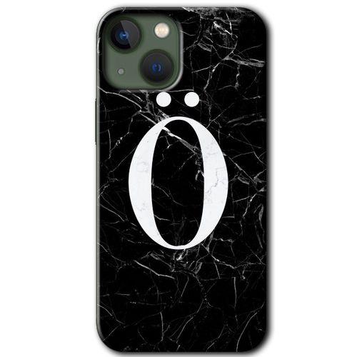 BeRa Aksesuar iPhone 13 Mini Kılıf Baskılı Kapak - Siyah Mermer Desenli Ö Harfi +Tam Kaplayan Mat Seramik