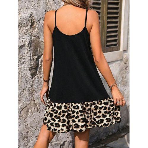 Kadın Ip Askılı Yuvarlak Yakalı Leopar Detaylı Elbise