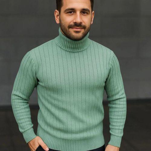 Erkek Balıkcı Yaka Bağazlı Triko Kazak Pamuklu Kalın Fitilli Dokuma, Regular Fit Uzun Kollu Kışlık Model - Mint Yeşili