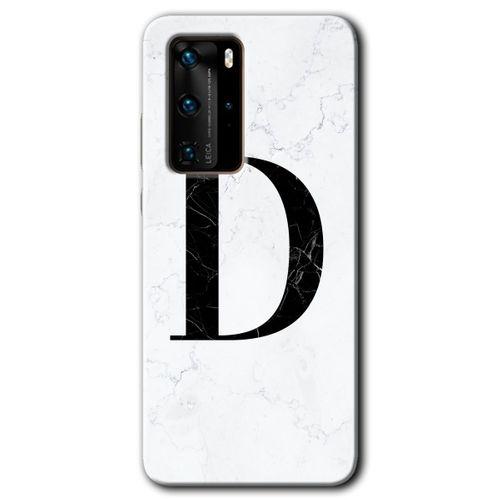 MRCİLETİSİM Huawei P40 Pro Kılıf HD Desen Baskılı Arka Kapak + Temperli Cam - Beyaz Mermer Desenli D Harfi