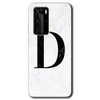 MRCİLETİSİM Huawei P40 Pro Kılıf HD Desen Baskılı Arka Kapak + Temperli Cam - Beyaz Mermer Desenli D Harfi