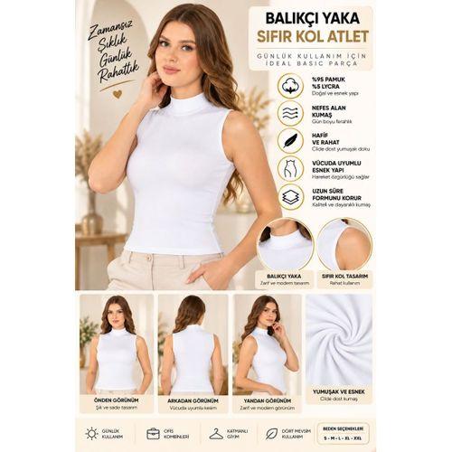 Kadın Balıkçı Yaka Sıfır Kol Atlet Beyaz, Esnek Kumaş, Vücuda Oturan Basic Kolsuz Body - ryl - 2614