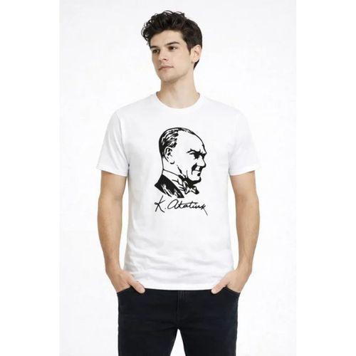 Erkek Atatürk Baskılı Tişört Kısa Kollu Bisiklet Yaka T-Shirt - Beyaz