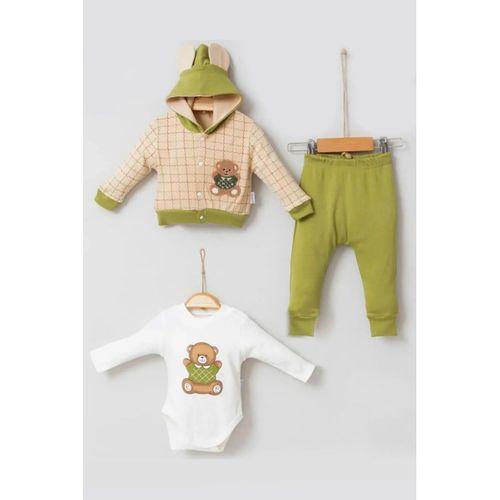 Bear Çizgili % 100 Pamuk Hırkalı 3'lü Bebek Takımı