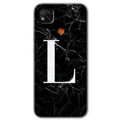 Xiaomi Redmi 9c Kılıf HD Desen Baskılı Arka Kapak + Temperli Cam - Siyah Mermer Desenli L Harfi