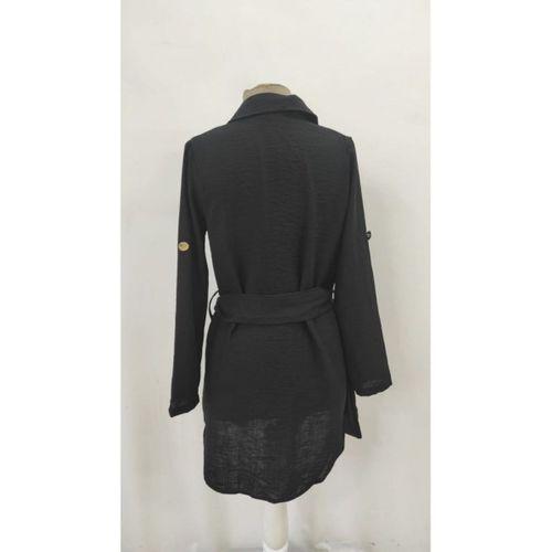 Kadın Uzun Kollu Yakalı önden Düğmeli Beli Kuşaklı Mini Ithal Keten Elbise