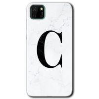 MRCİLETİSİM Huawei Y5P Kılıf HD Desen Baskılı Arka Kapak + Temperli Cam - Beyaz Mermer Desenli C Harfi