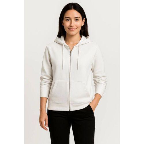 Üç İplik Kapüşonlu Tam Fermuarlı Kanguru Çepli SweatShirt Hoodie - Beyaz