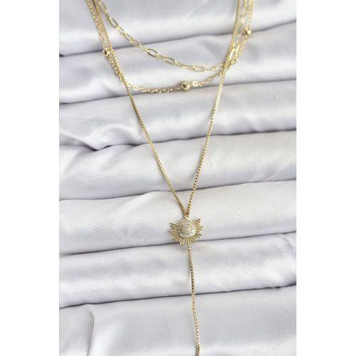 Pirinç Gold Renk Zirkon Taşlı Güneş Model Detaylı 3'lü Kombin Y Kadın Kolye - TJ-BKO10698