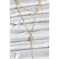 Pirinç Gold Renk Zirkon Taşlı Güneş Model Detaylı 3'lü Kombin Y Kadın Kolye - TJ-BKO10698