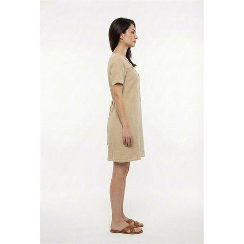 Kısa Kol Lidya Bisiklet Yaka Nakışlı Yazlık Kısa Müslin Elbise Bej Bej