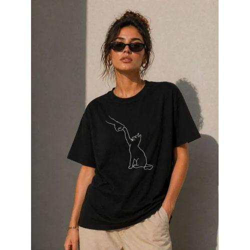 Minimal Kedi Çizim Baskılı Tişört Kısa Kol Yazlık T-Shirt - Siyah
