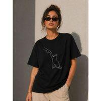 Minimal Kedi Çizim Baskılı Tişört Kısa Kol Yazlık T-Shirt - Siyah