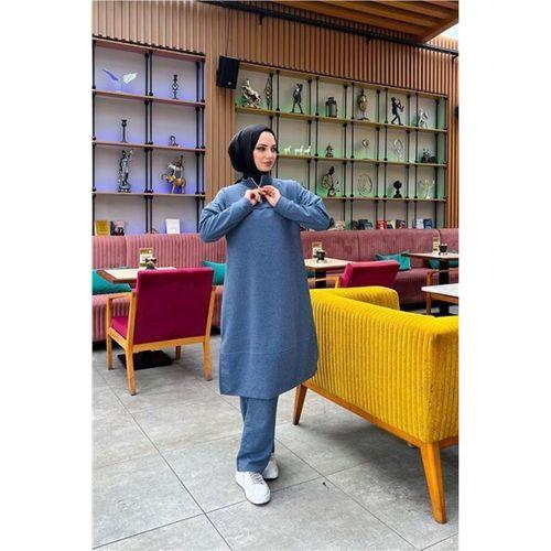 Dik Yaka Kısa Fermuarlı Yırtmaçlı Sade Basic Uzun Tunik ve Pantolon İkili Spor Takım - 03062.006 - İndigo