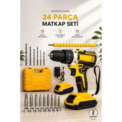 24 Parça Çift Bataryalı Şarjlı Matkap Seti 24w Motor Ve Otomatik Mil Kilitli Tasarım
