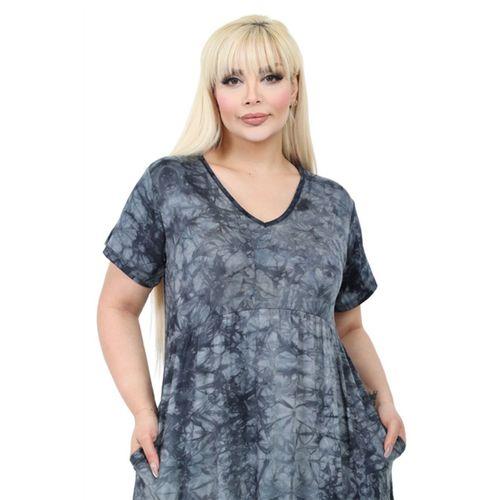 Melsay Butik Göğüsten Robalı V Yaka Kısa Kollu Antrasit Batik Yıkama Cepli Elbise