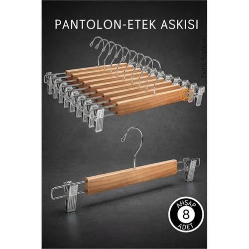 8 Adet Ahşap Pantolon Etek Askısı - Ayarlanabilir Gümüş Mandallı 36cm Organizer Set 719305