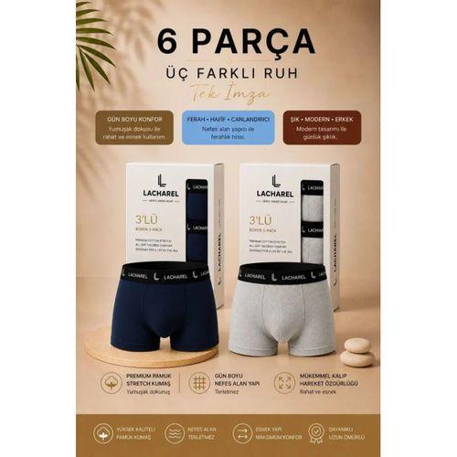 Erkek Likralı Pamuklu Nefes Alan Penye 6 Adet Boxer - Lacivert - Gri