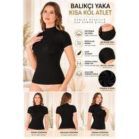 Kadın Balıkçı Yaka Kısa Kol Atlet Siyah, Esnek Kumaş, Vücuda Oturan Basic Body - ryl - 2611