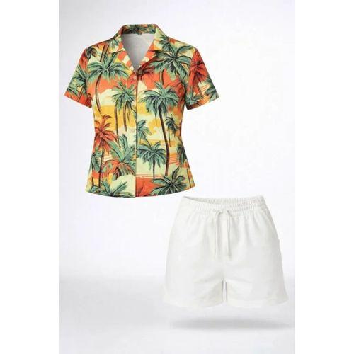Tropikal Palmiye Desenli Kısa Kol Gömlek Şort Takım Yazlık Rahat - Desenli