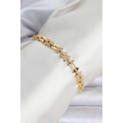 Pirinç Gold Renk Kare Zincir Model Zirkon Taşlı Kadın Bileklik