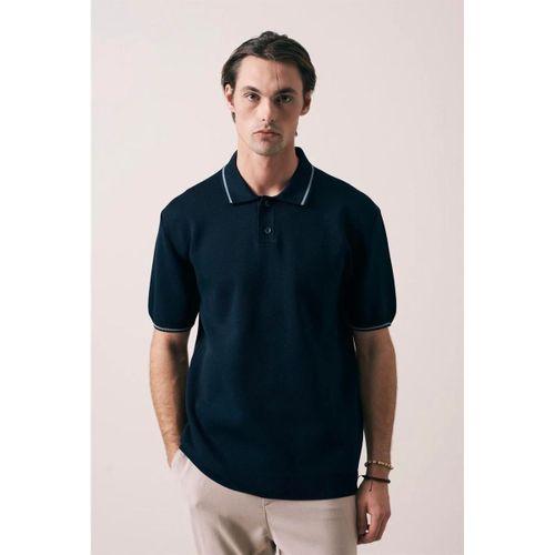 Austen Kontrast Biyeli Düğmeli Polo Yaka Kısa Kollu İnce Triko Erkek T-Shirt - Lacivert