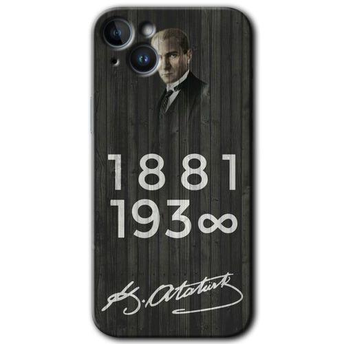 iPhone 14 Plus Kılıf HD Desen Baskılı Arka Kapak - Temperli Cam - Atatürk Ahşap İmza