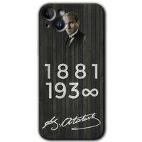 iPhone 14 Plus Kılıf HD Desen Baskılı Arka Kapak - Temperli Cam - Atatürk Ahşap İmza