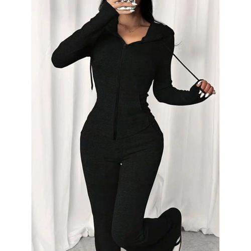 Kadın Uzun Kollu Kapşonlu Bağcıklı önü Fermuarlı Viskon Iki Iplik Bluz Ve Pantolon Ikili Takım