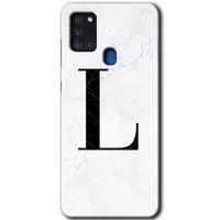 Samsung Galaxy A21s Kılıf HD Desen Baskılı Arka Kapak + Temperli Cam - Beyaz Mermer Desenli L Harfi