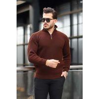 Oversize Selanik Örgü Yarım Fermuar Erkek Triko Kazak - Kahve
