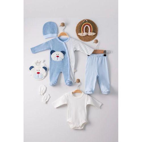 Ayıcık Nakışlı Tulumlu % 100 Pamuk Erkek Bebek 5'li Set