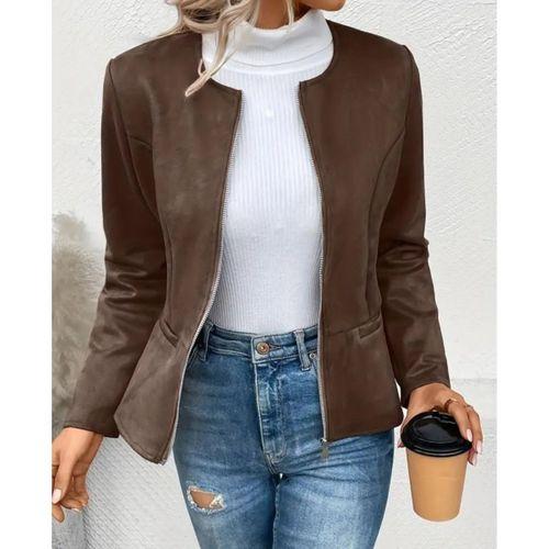 Kadın Uzun Kollu Yuvarlak Yaka önden Fermuarlı Süet Ceket