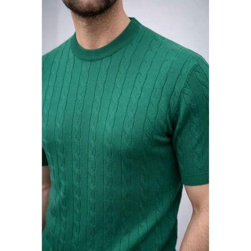 Erkek Yazlık Triko Dokuma Tişört Kısa Kol Bisiklet Yaka Örgü Desenli T-Shirt - Haki