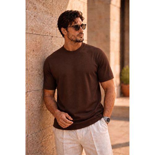 Kwon Bisiklet Yaka Basic Kısa Kollu İnce Triko Erkek T-Shirt - Kahve