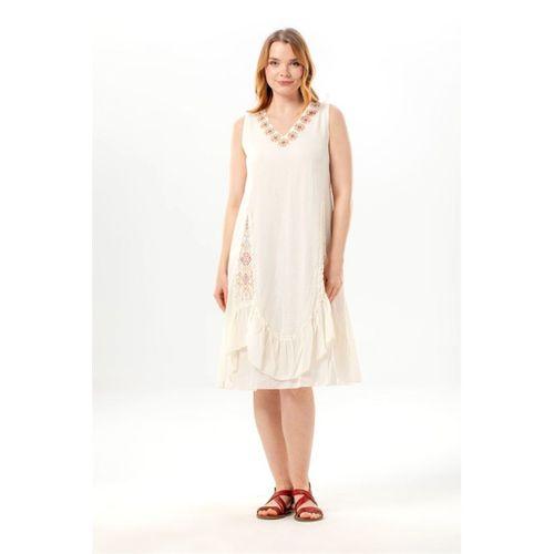 Kolsuz Begüm V Yaka Yazlık Nakışlı Otantik Vual Kısa Elbise Krem Krm