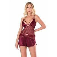 Bordo Saten Babydoll Şort Takımı