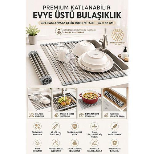 Katlanabilir Evye Üstü Bulaşıklık Tezgah Üstü Rulo 18/10 304 Paslanmaz Çelik Nihale Süzgeç (47x32 cm) 723472
