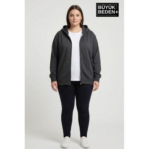Kadın Büyük Beden Fermuarlı Kapüşonlu ince Sweatshirt Hırka - Rahat Kalıp SPR26BHR960
