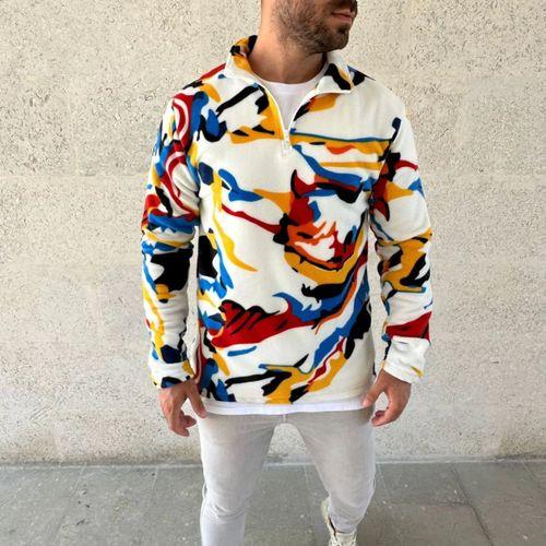 Erkek Yarım Fermuarlı Desenli Polar Sweat – Renkli Abstract Desen Yakalı, Uzun Kollu, Oversize Rahat Kalıp,  - Beyaz
